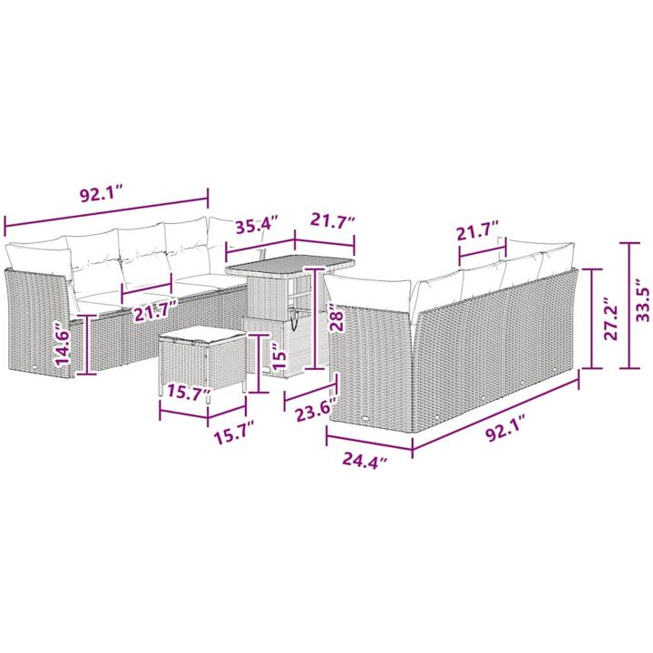 11-delat trädgårdsoff-set med kuddar svart polyrotting akacia vidaXL 2 - Sits, 3 - Sits, 90 cm – bild 12