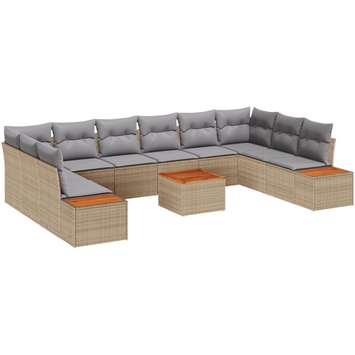 11-delat trädgårdsoffamöblemang med kuddar Beige poly rattan akacia vidaXL 55 x 55 x 37 cm – bild 2