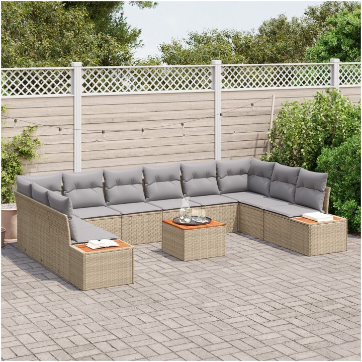 11-delat trädgårdsoffamöblemang med kuddar Beige poly rattan akacia vidaXL 55 x 55 x 37 cm – bild 3