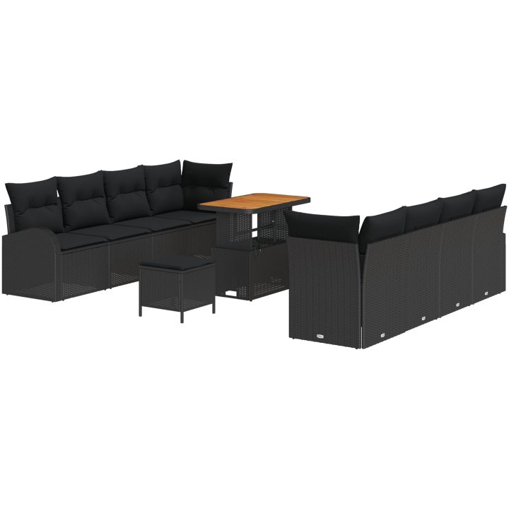 11-delat trädgårdsoffas med kuddar svart poly rattan akacia vidaXL Standard – bild 2