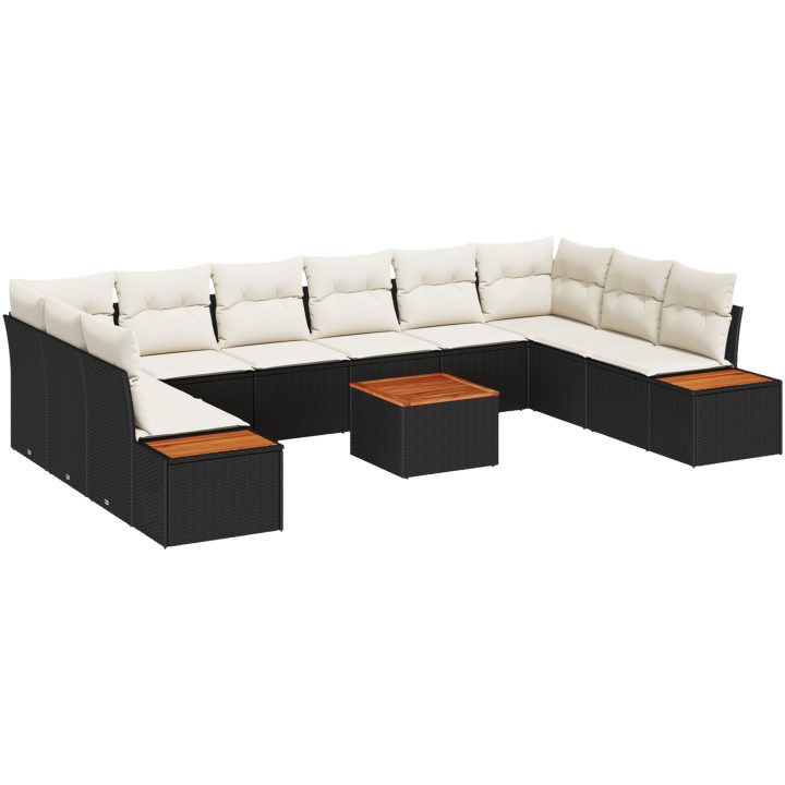 11-delat trädgårdsoffaset med kuddar Svart Poly Rattan Acacia vidaXL 55 x 55 x 37 cm – bild 2
