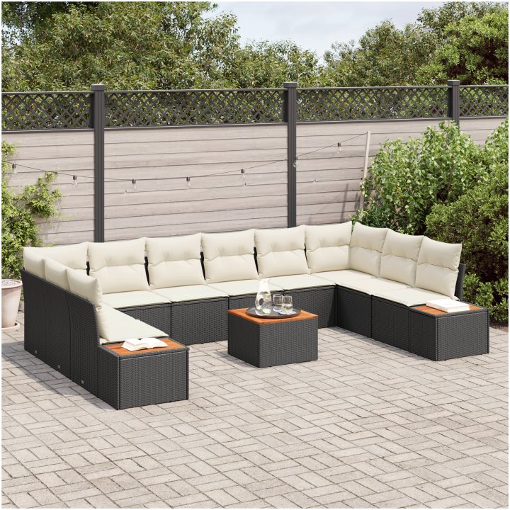11-delat trädgårdsoffaset med kuddar Svart Poly Rattan Acacia vidaXL 55 x 55 x 37 cm – bild 3