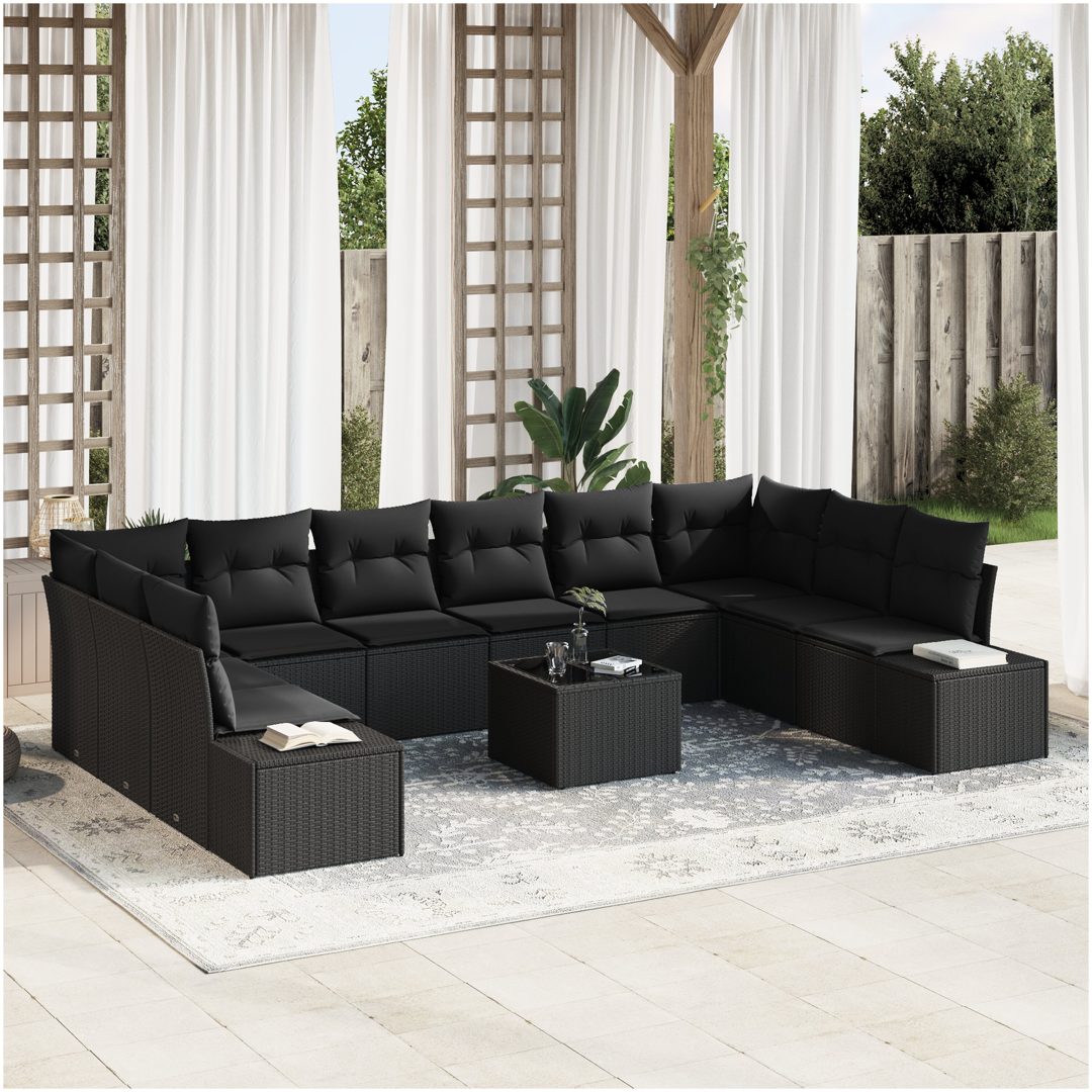 11-delat Trädgårdsoffer-set med kuddar Beige Poly Rattan vidaXL 344 x 209 x 85 cm