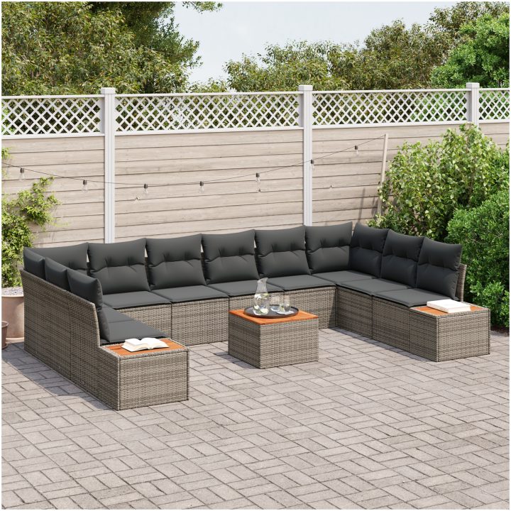 11-delat trädgårdsoffset med kuddar grå poly rattan akacia vidaXL 55 x 55 x 37 cm – bild 3