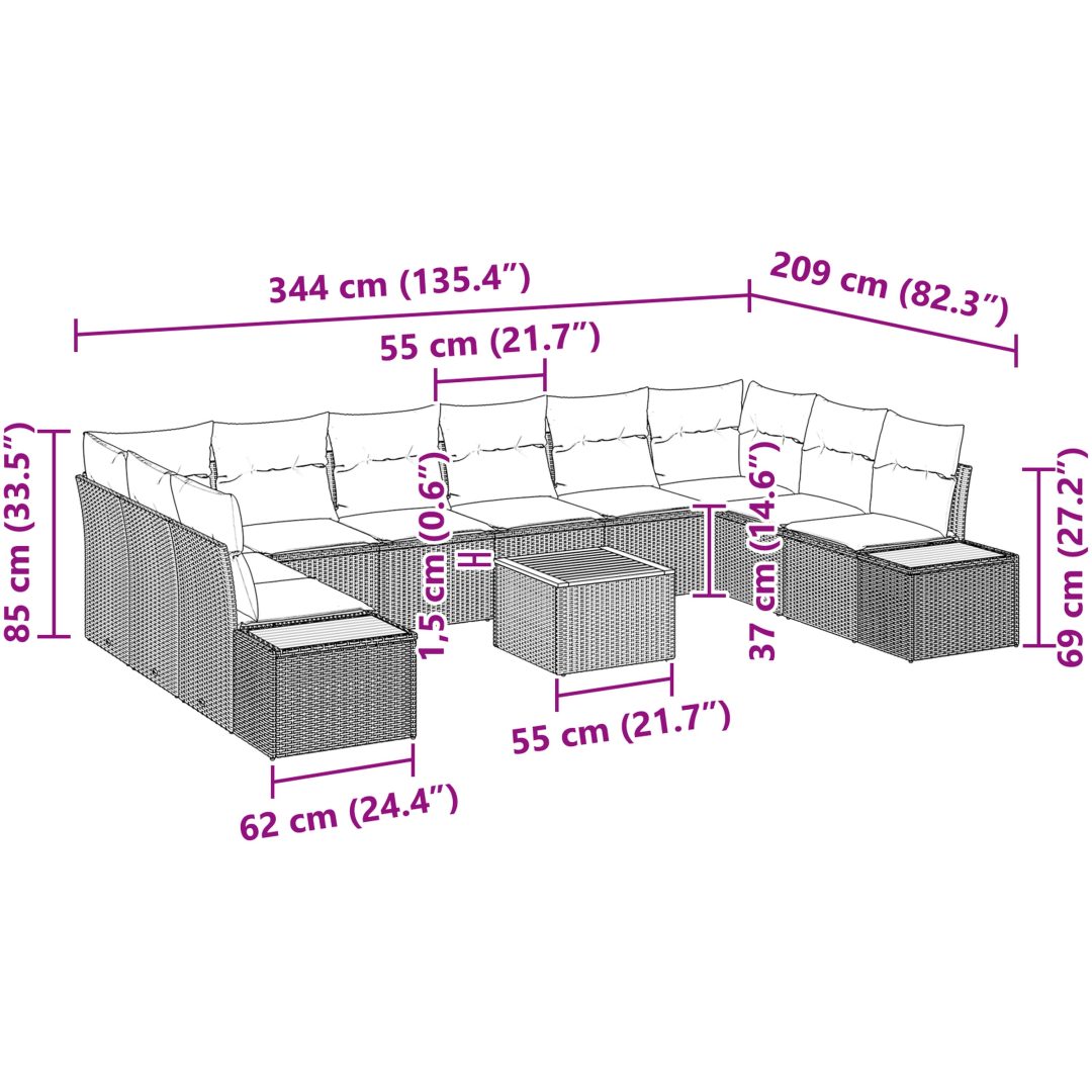 11-delat trädgårdsoffset med kuddar grå poly rattan akacia vidaXL 55 x 55 x 37 cm – bild 9