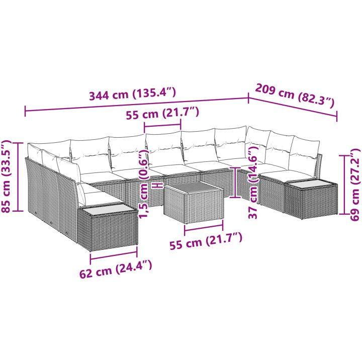 11-delat trädgårdsoffset med kuddar grå poly rattan akacia vidaXL 55 x 55 x 37 cm – bild 9