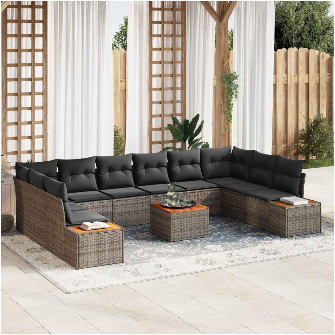 11-delat trädgårdsoffset med kuddar grå poly rattan akacia vidaXL 55 x 55 x 37 cm