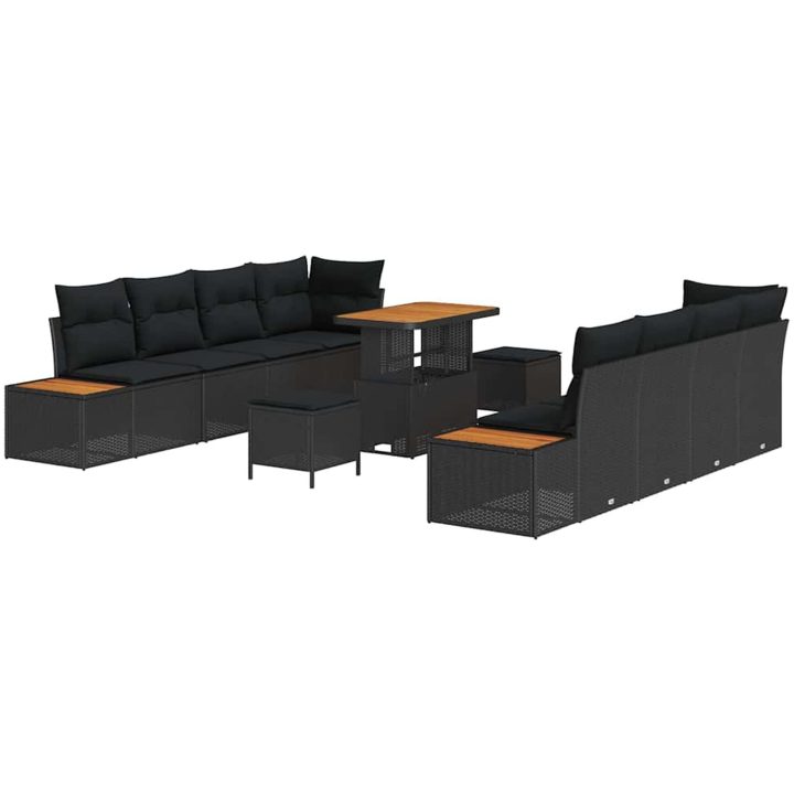 11-delat trädgårdssoffset med kuddar svart poly rattan akacia vidaXL Stort – bild 2