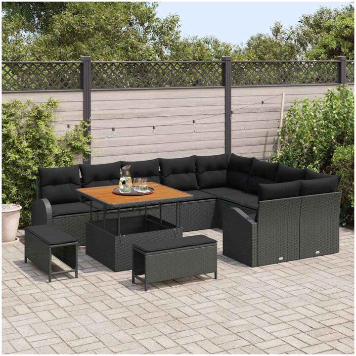 12-delad Trädgårdsoffa med kuddar Svart Poly Rattan Acacia vidaXL Stor – bild 3