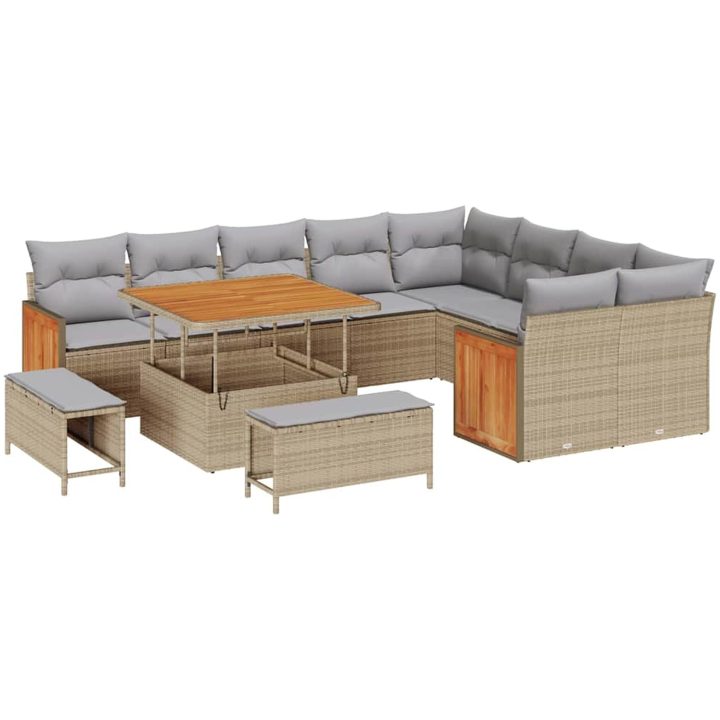 12-delad Trädgårdsoffagrupp med Kuddar Beige Poly Rattan Akacia vidaXL Stor – bild 2