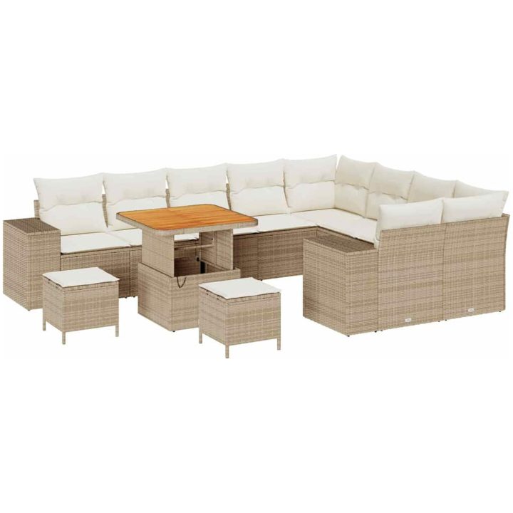 12-delad Trädgårdsoffasats med kuddar Beige Poly Rattan Akacia vidaXL Stor – bild 2