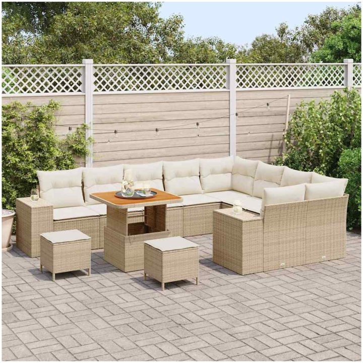 12-delad Trädgårdsoffasats med kuddar Beige Poly Rattan Akacia vidaXL Stor – bild 3