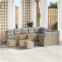 12-delad Trädgårdsoffaset med Kuddar Beige Poly Rattan Akacia vidaXL