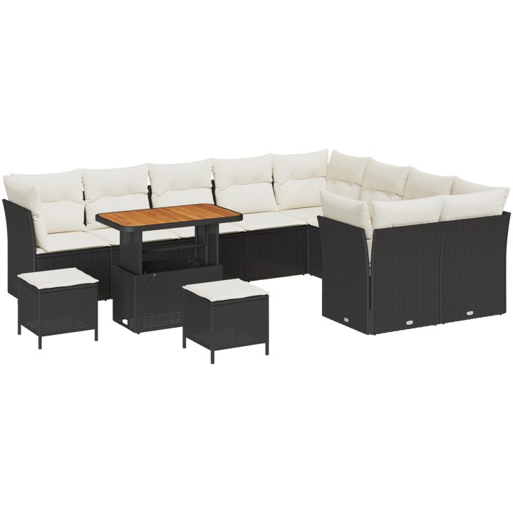 12-delad trädgårdsoffaset med kuddar svart poly rattan akacia vidaXL Medium – bild 2