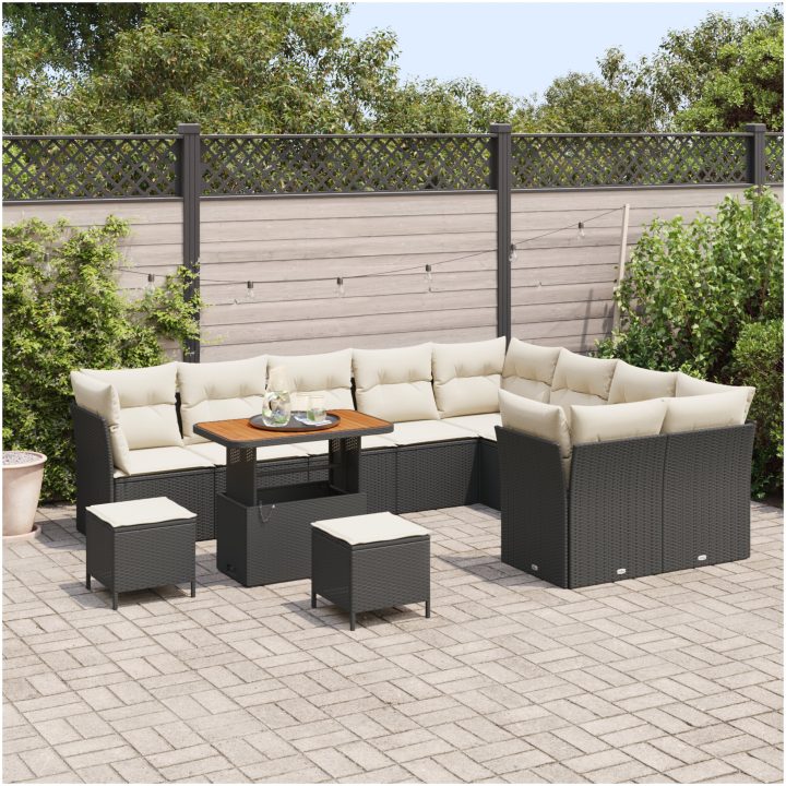 12-delad trädgårdsoffaset med kuddar svart poly rattan akacia vidaXL Medium – bild 3
