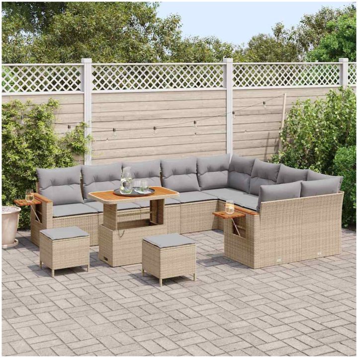 12-delad trädgårdsoffasett med kuddar Beige Poly Rattan Acacia vidaXL Stor – bild 3