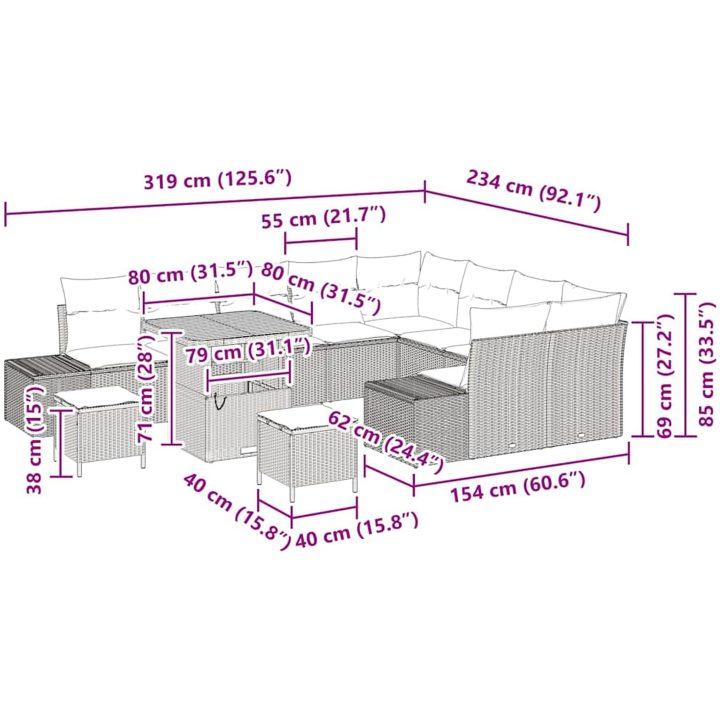 12-delad trädgårdsoffgrupp med kuddar, grå poly-rattan och akacia. vidaXL 80 x 80 x 71 cm – bild 10