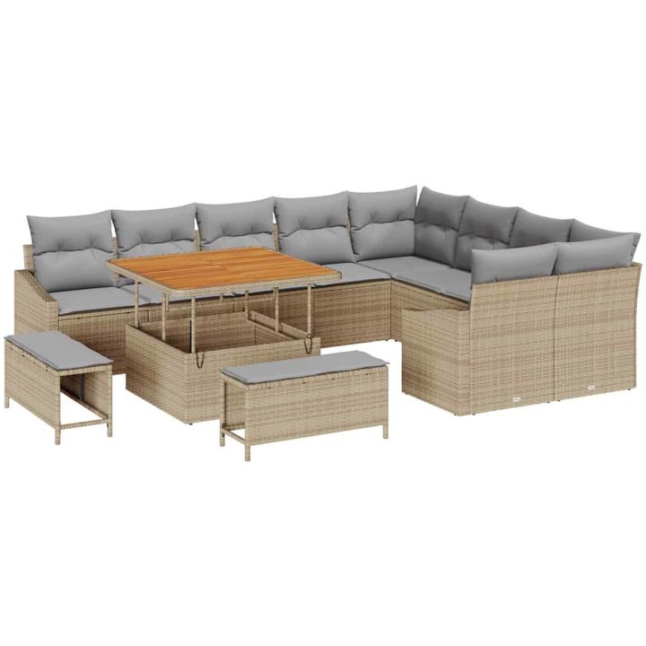 12-delad trädgårdsoffuppsättning med kuddar beige poly rattan akacia vidaXL Stor – bild 2