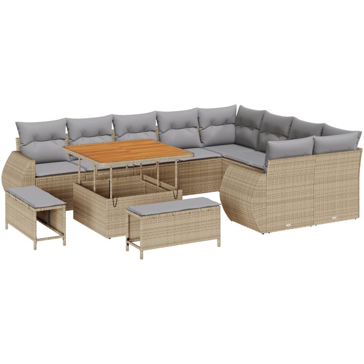12-delad trädgårdssoffgrupp med kuddar beige poly rattan akacia vidaXL Stor – bild 2