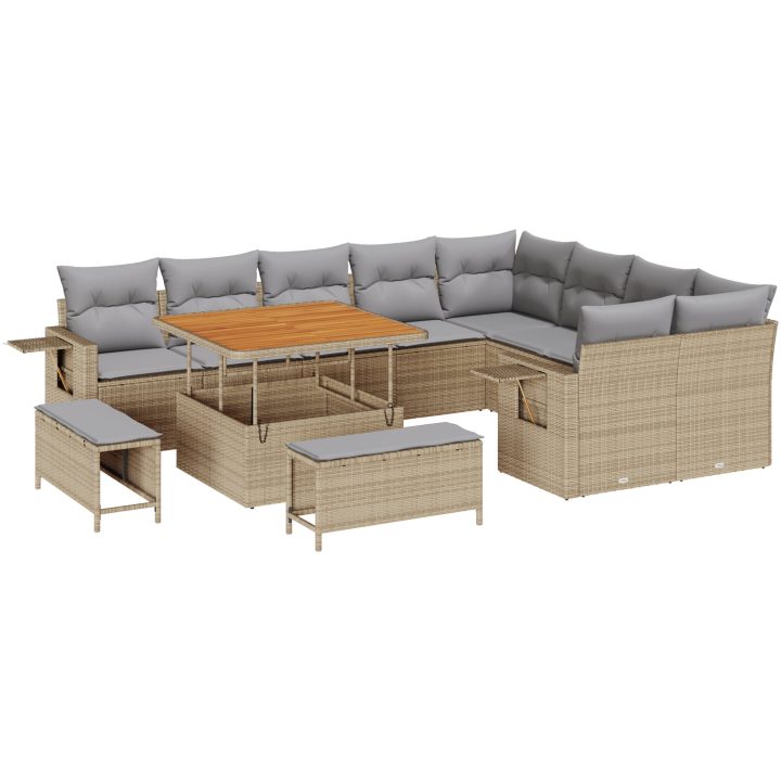 12-delad trädgårdssoffset med kuddar Beige Poly Rotting Akacia vidaXL Stor – bild 2