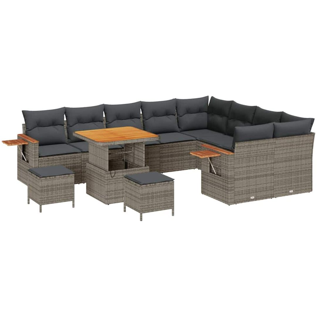 12 Delar Trädgårdsoff Set med Kuddar Grå Poly Rattan Akacia vidaXL Stor – bild 2