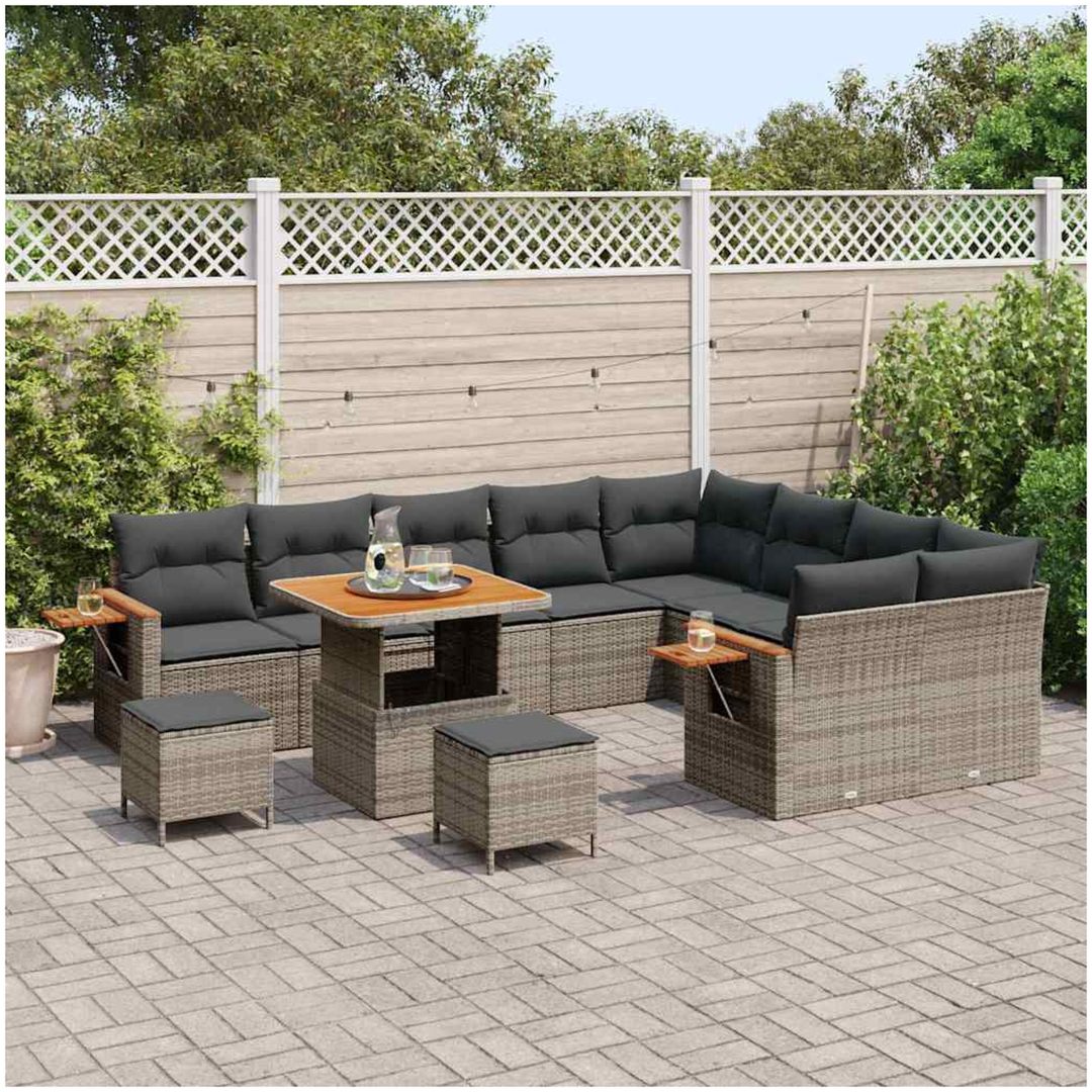 12 Delar Trädgårdsoff Set med Kuddar Grå Poly Rattan Akacia vidaXL Stor – bild 3