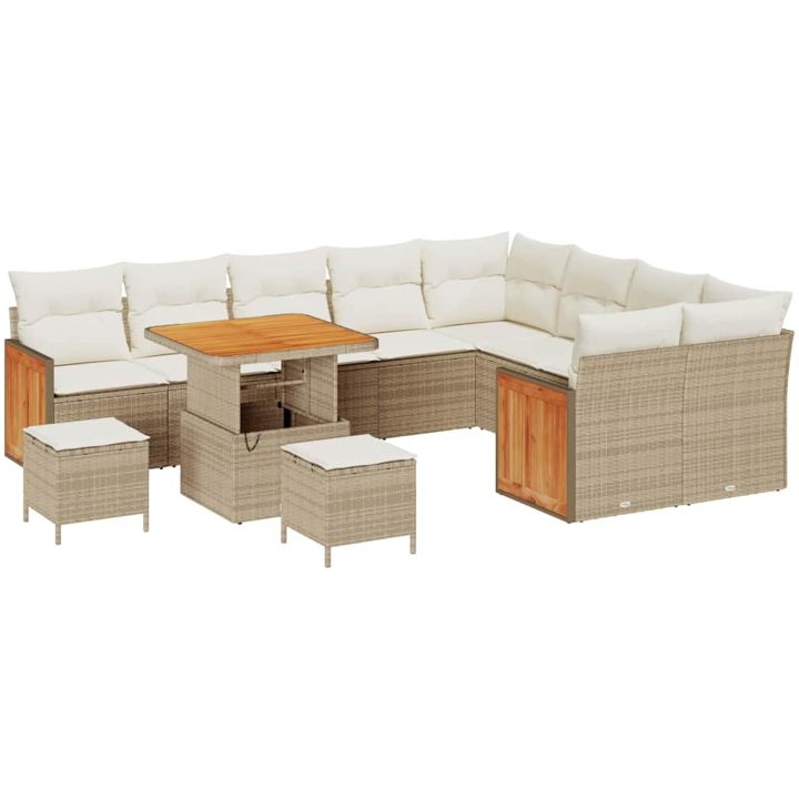 12 Delar Trädgårdsoffaset med Dynor Beige Poly Rattan Akacia vidaXL Stor – bild 2