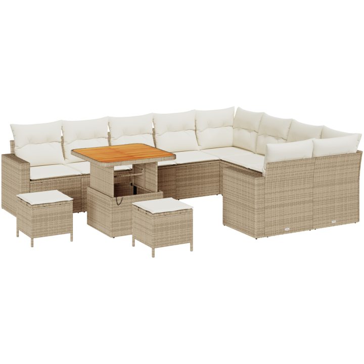 12 Delar Trädgårdssoffgrupp med kuddar Beige Poly Rattan Akacia vidaXL Stor – bild 2