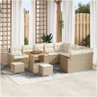 12 Delar Trädgårdssoffgrupp med kuddar Beige Poly Rattan Akacia vidaXL