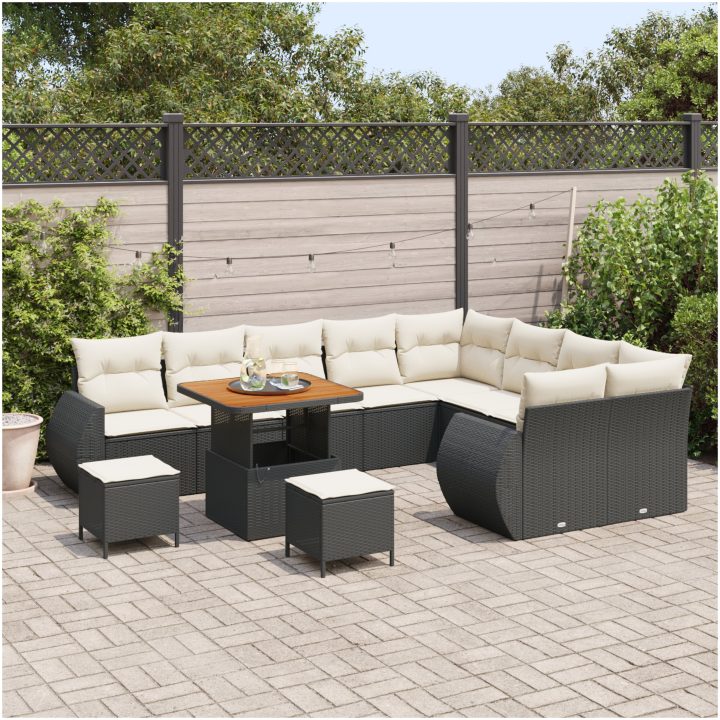 12 Delars Trädgårdsmöbelset med Kuddar Svart Poly Rattan Akacia vidaXL Stor – bild 3