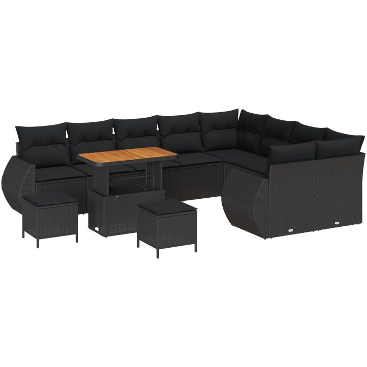 12-delars trädgårdsofa med kuddar svart poly rotting akacia vidaXL Medium – bild 2