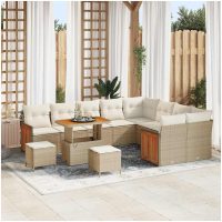 12-delars trädgårdsofa set med kuddar Beige Poly Rattan Akacia vidaXL