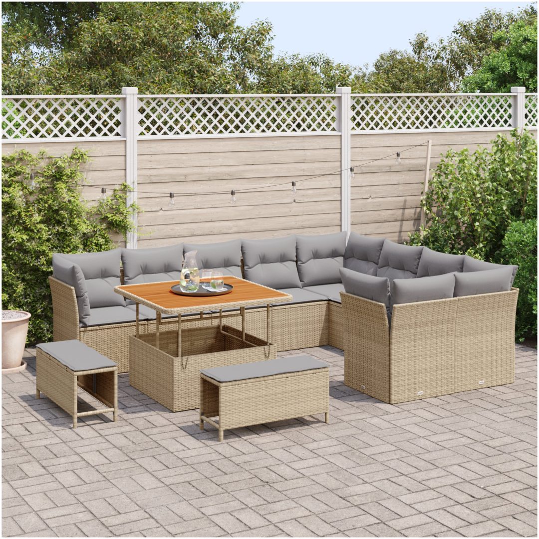 12-delars Trädgårdsofa Set med kuddar Beige Poly rotting Akacia vidaXL Stor – bild 3