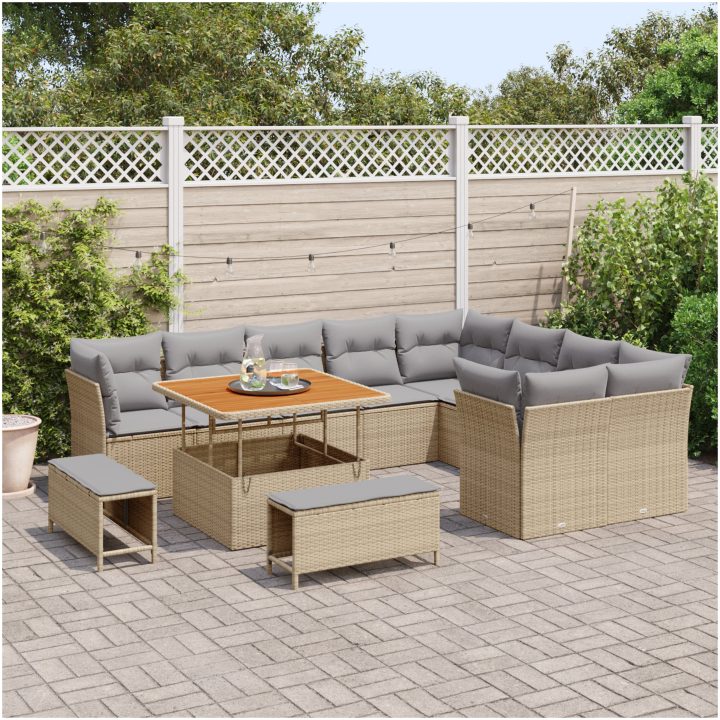 12-delars Trädgårdsofa Set med kuddar Beige Poly rotting Akacia vidaXL Stor – bild 3