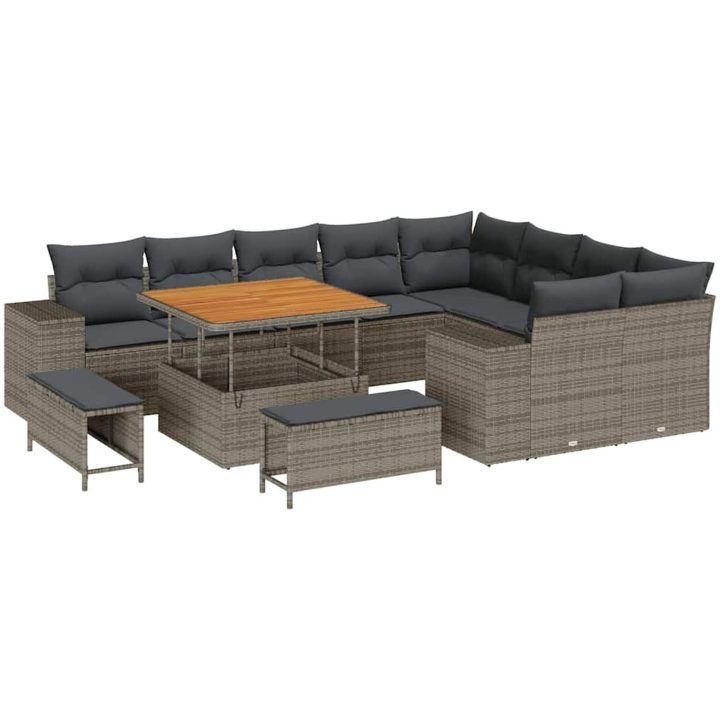 12-delars trädgårdsofa set med kuddar Grå Poly Rattan Akacia vidaXL Stor – bild 2