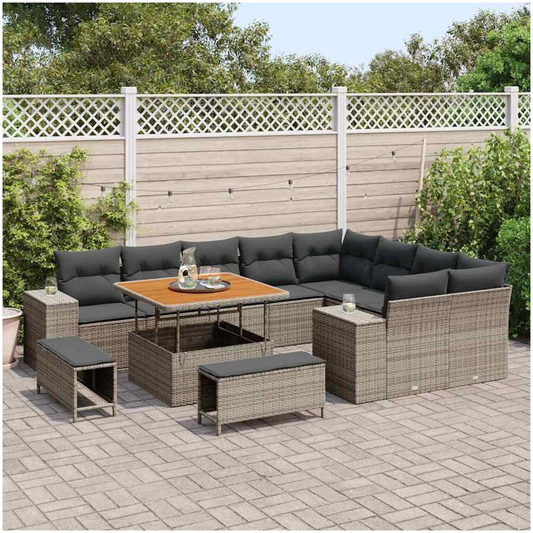 12-delars trädgårdsofa set med kuddar Grå Poly Rattan Akacia vidaXL Stor – bild 3