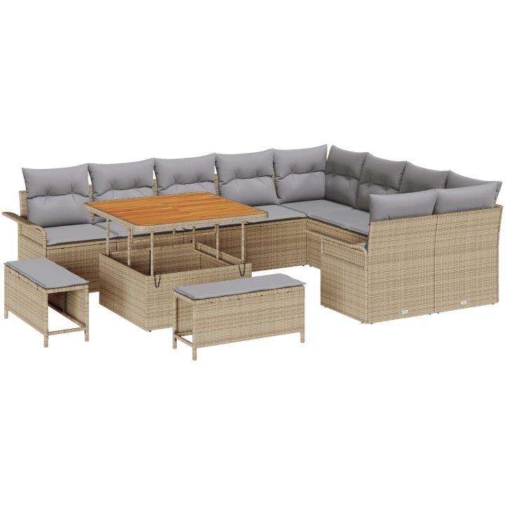 12-delars trädgårdsofa set med kuddar i beige poly rotting och akacia vidaXL Stor – bild 2