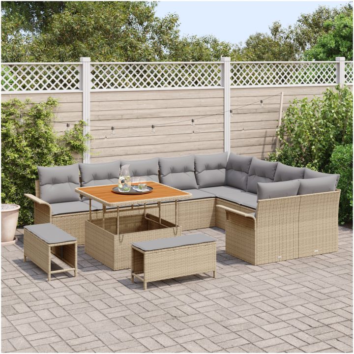 12-delars trädgårdsofa set med kuddar i beige poly rotting och akacia vidaXL Stor – bild 3