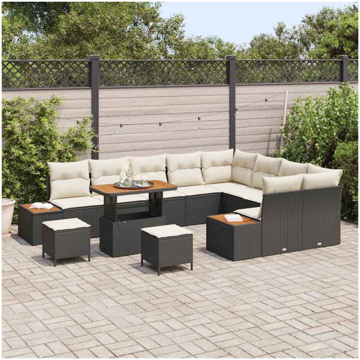 12-delars trädgårdsofaset med kuddar svart poly rattan akacia vidaXL Stor – bild 3