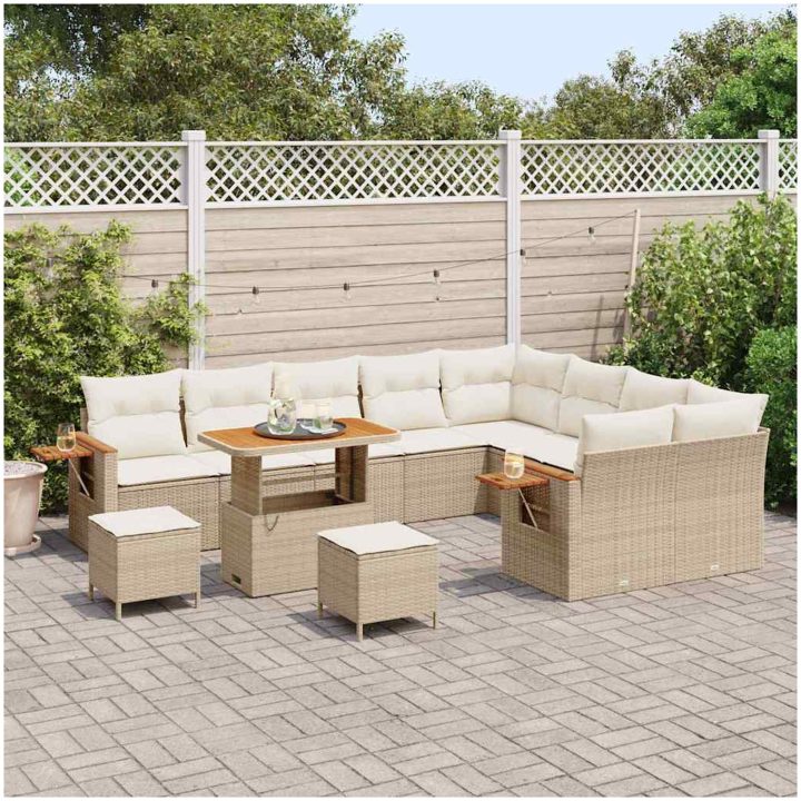 12-delars Trädgårdsoff-set med kuddar Beige Poly Rattan Akacia vidaXL Stor – bild 3