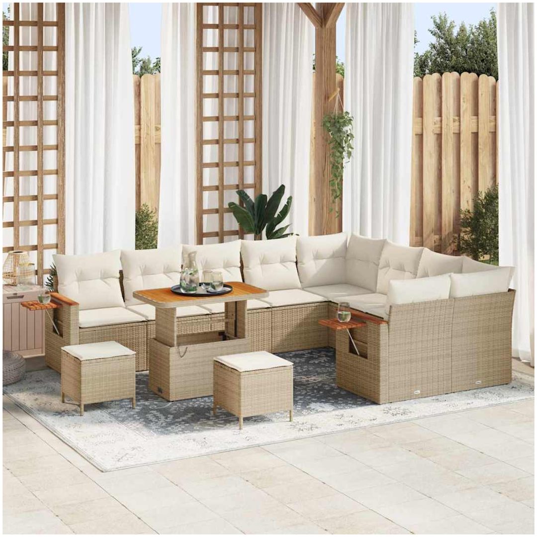 12-delars Trädgårdsoff-set med kuddar Beige Poly Rattan Akacia vidaXL Stor