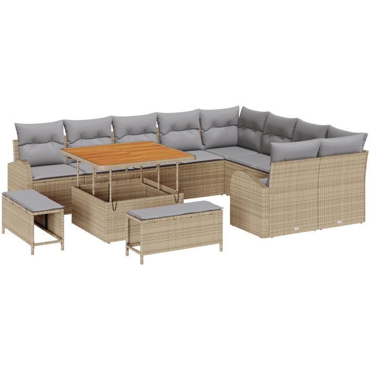 12-delars Trädgårdsoff Set med Kuddar Beige Poly Rattan Akaciaträ vidaXL Stor – bild 2