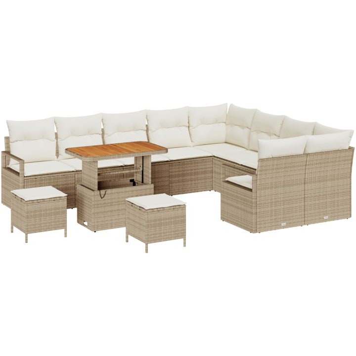 12-delars trädgårdsoff set med kuddar beige poly rotting akacia vidaXL Stor – bild 2