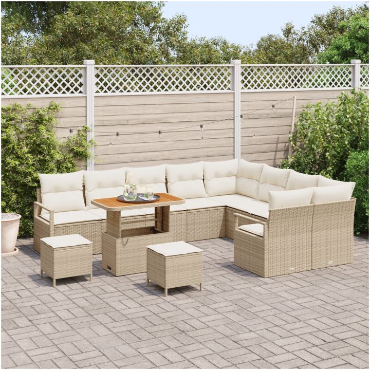 12-delars trädgårdsoff set med kuddar beige poly rotting akacia vidaXL Stor – bild 3