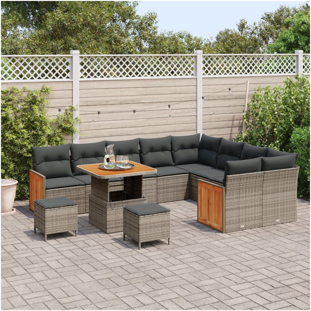 12-delars Trädgårdsoff set med Kuddar Grå Poly Rattan Akacia vidaXL Medium – bild 3