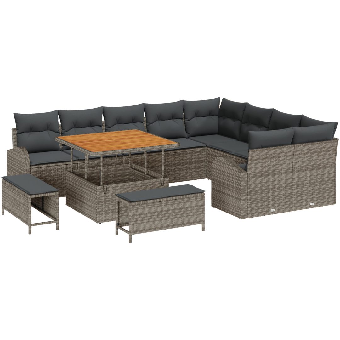 12 delars trädgårdsoff set med kuddar Grå Poly Rattan Akacia vidaXL Stor – bild 2