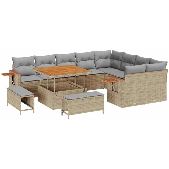 12-delars trädgårdsoff-set med kuddar i beige poly rattan vidaXL Stor – bild 2