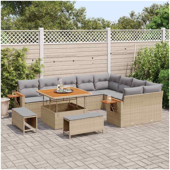 12-delars trädgårdsoff-set med kuddar i beige poly rattan vidaXL Stor – bild 3