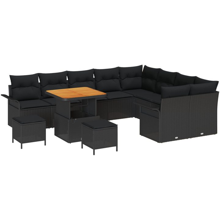 12 delars trädgårdsoff set med kuddar svart poly rattan akacia vidaXL Stor – bild 2