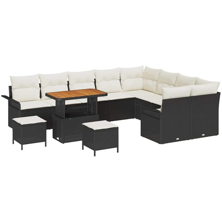 12-delars trädgårdsoff set med kuddar svart poly rattan akacia vidaXL Stor – bild 2